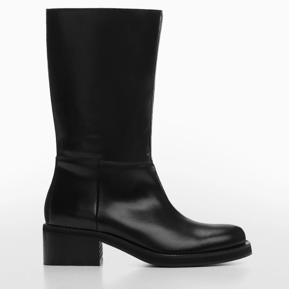 NWOT MNG Mango Leather boots zip closure Long Line Black Heeled 38 7.5 Square - Picture 4 of 11